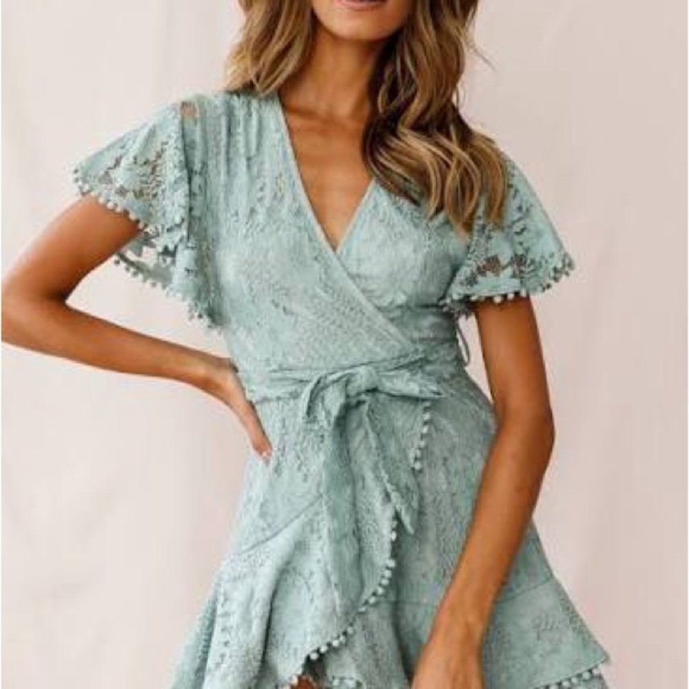 Selfie Leslie Lace Wrap Dress in Mint Green